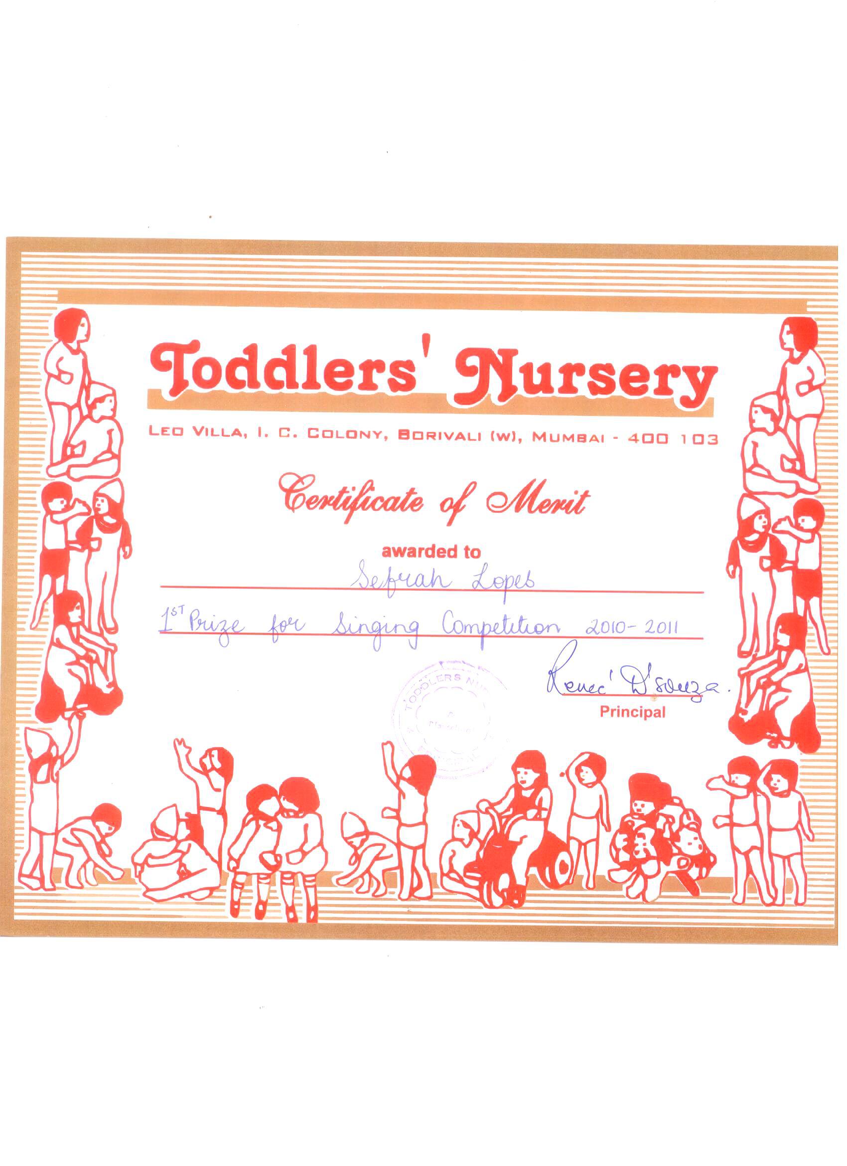 Sefrah's Singing Competition Certificate